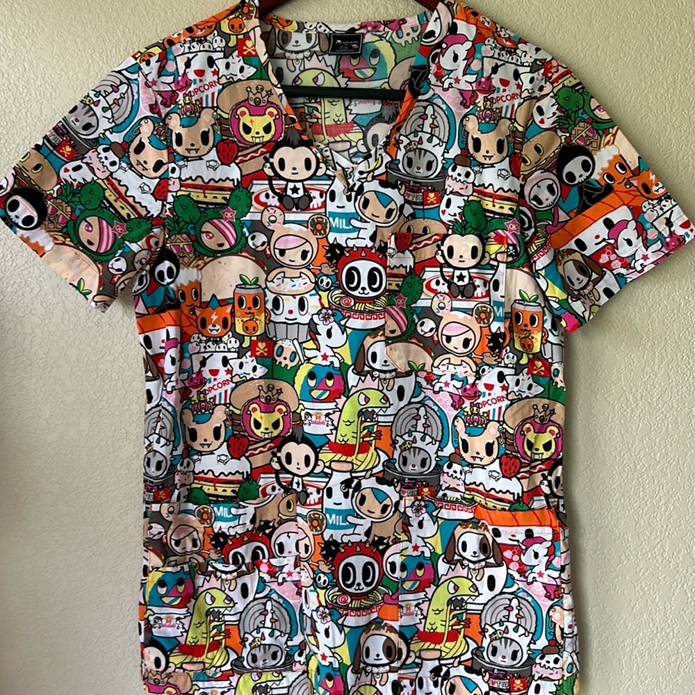 TOKIDOKI Multi Character Scrub Top, Sz XXS